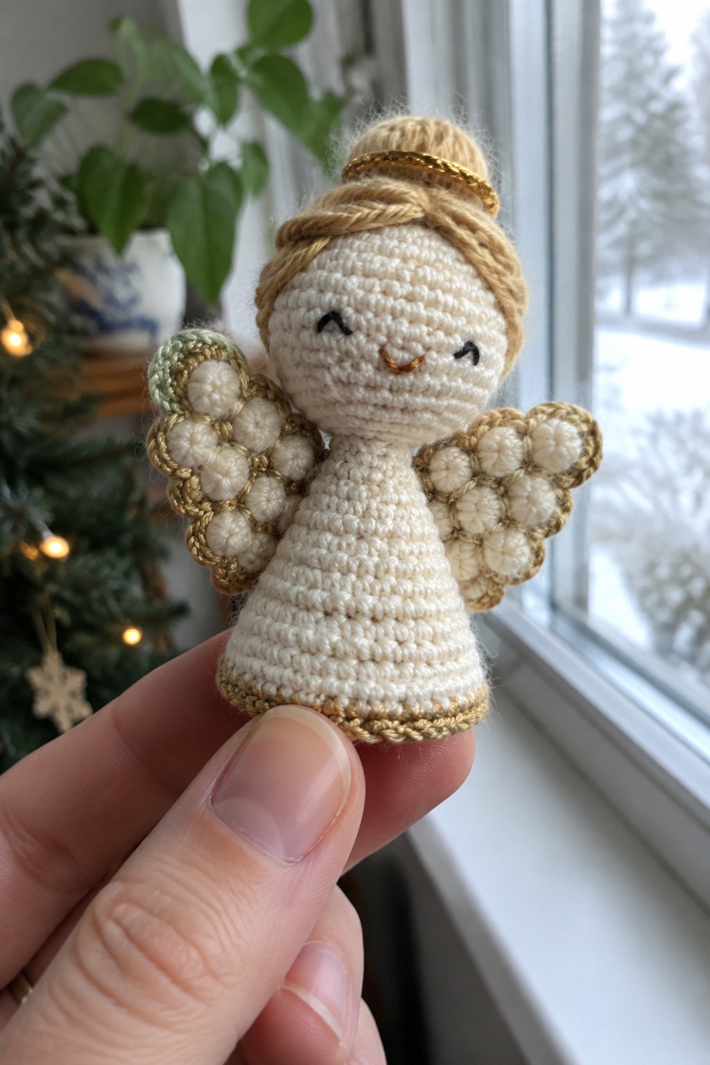 Small crocheted angel with white cone body, beige hair bun, gold halo, and cluster wings held between fingers.
