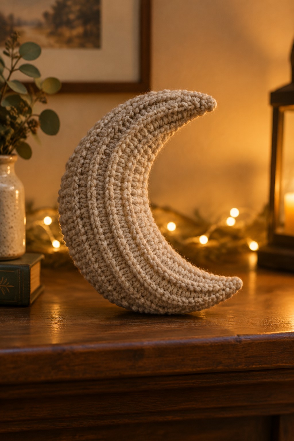 Knitted beige crescent moon on wooden table with warm string lights and lantern