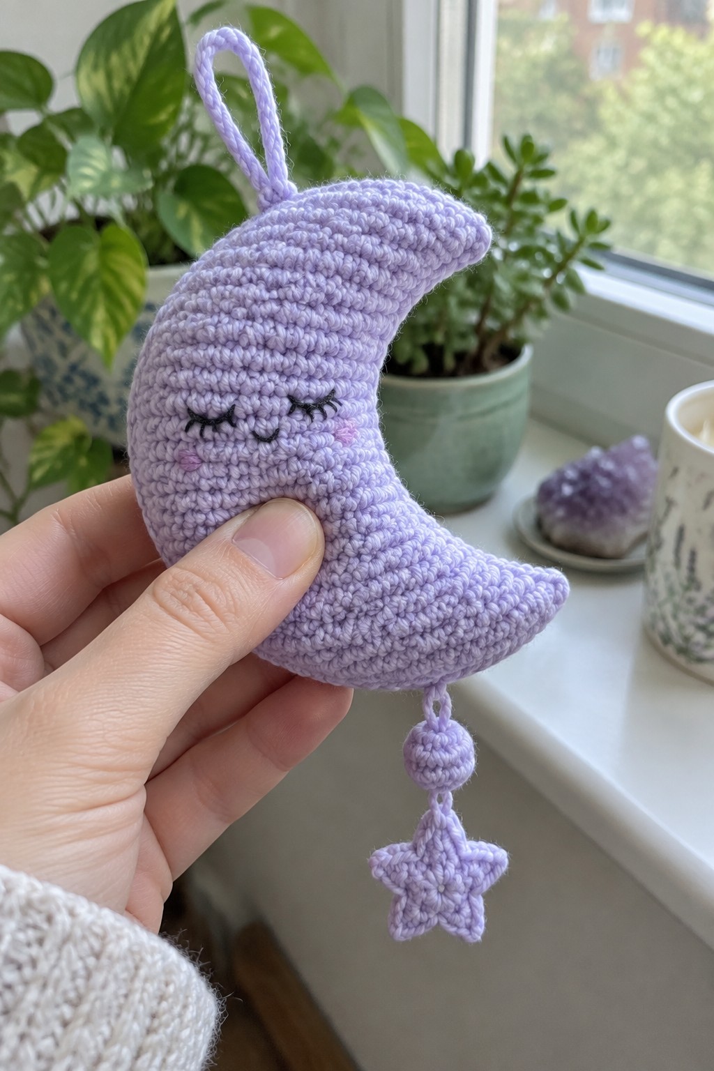 Hand holding crocheted lavender moon with embroidered face and dangling star