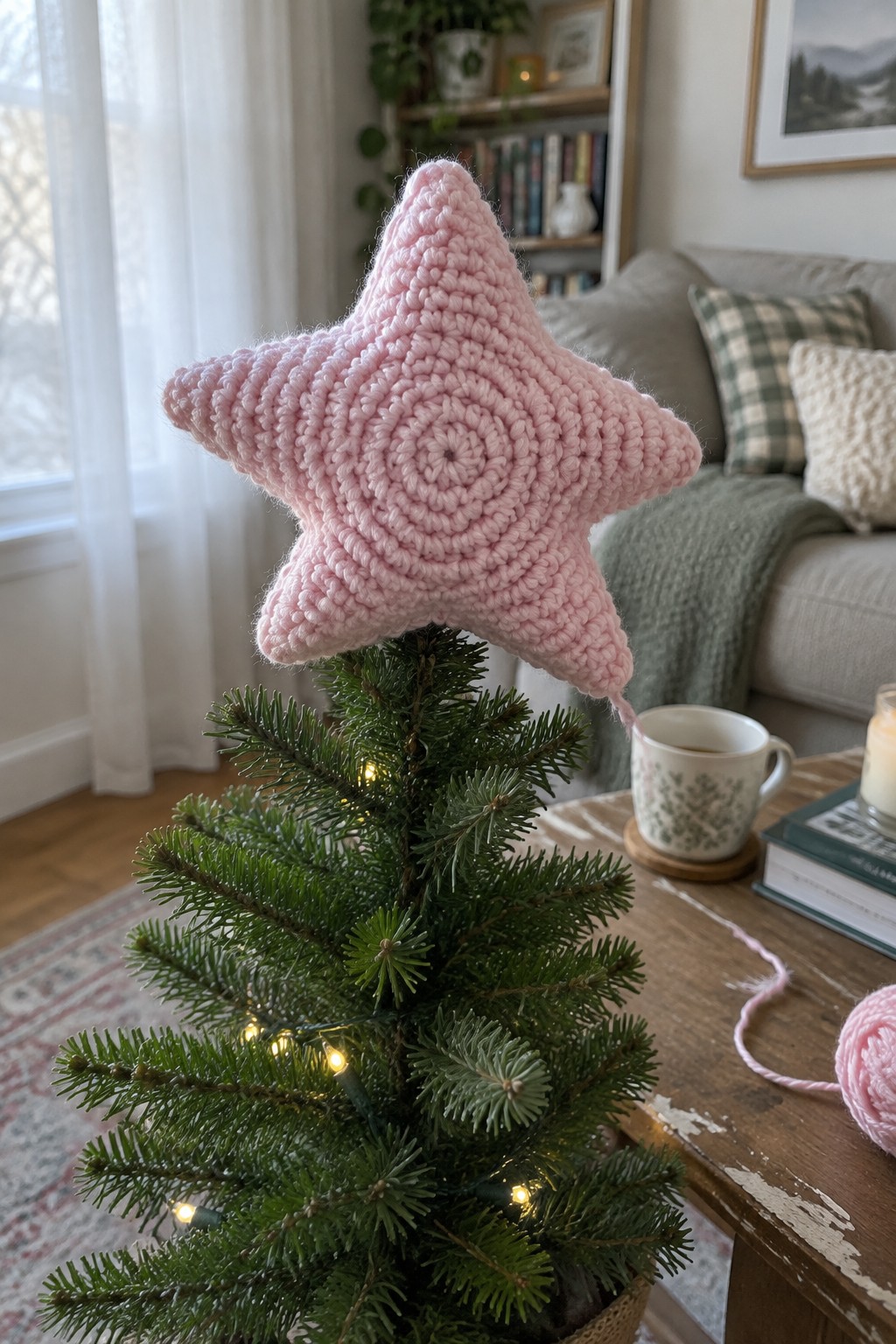 Pink crocheted star atop small lit Christmas tree in cozy room