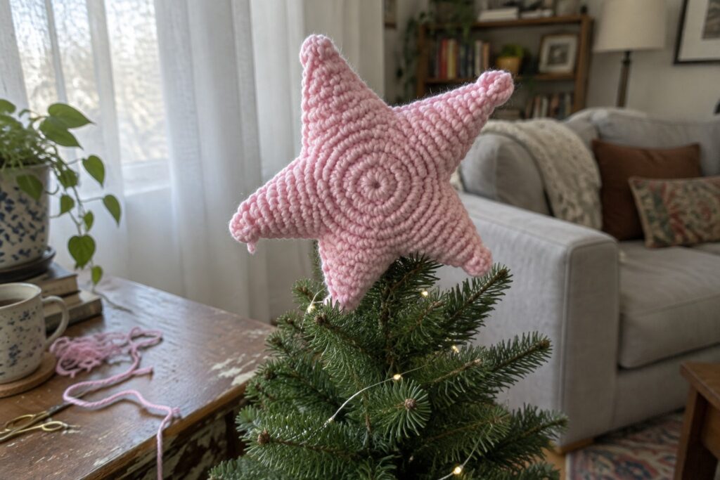 Pink crocheted star atop small lit Christmas tree in cozy room