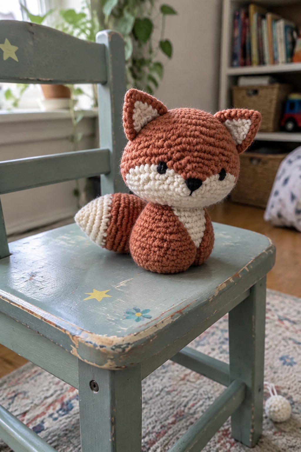 Crocheted brown fox toy with white accents sits on a painted green wooden chair.