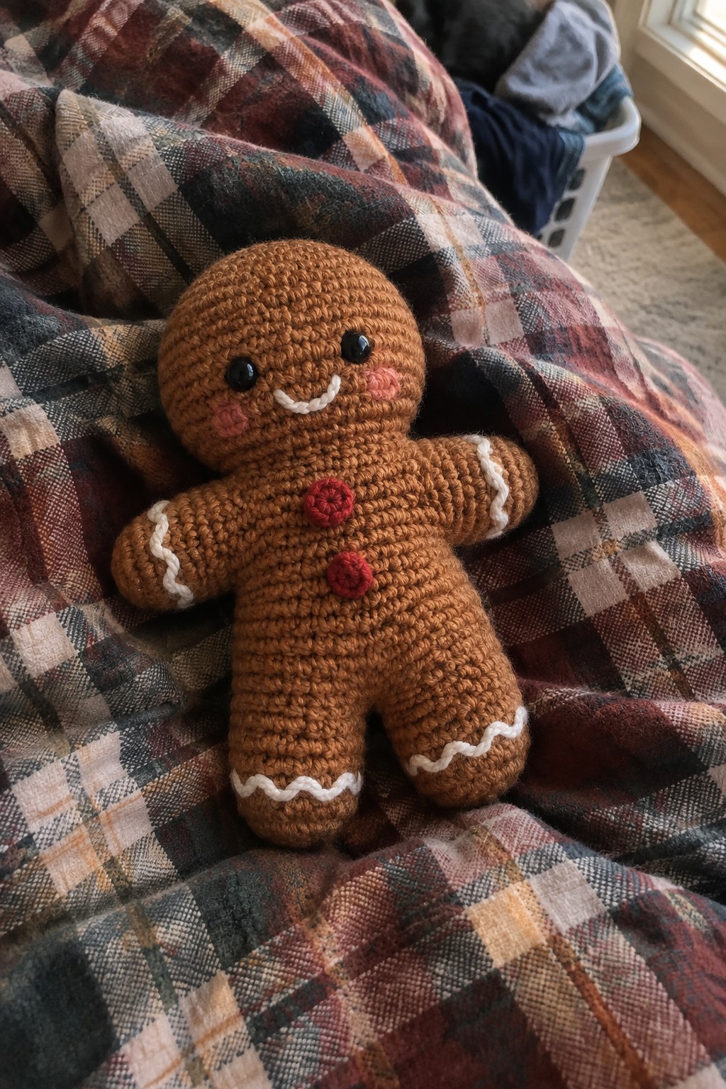 Crocheted gingerbread man doll with red buttons on plaid blanket