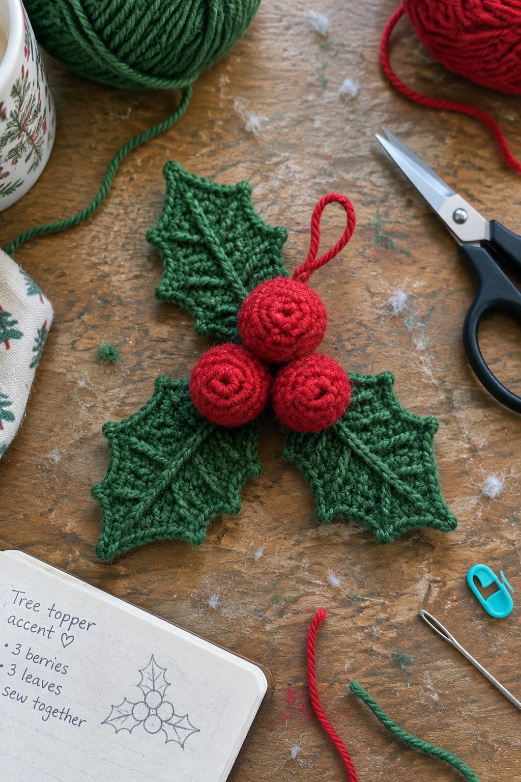 Crocheted green holly leaves with red berries on wooden table amid yarn and scissors.