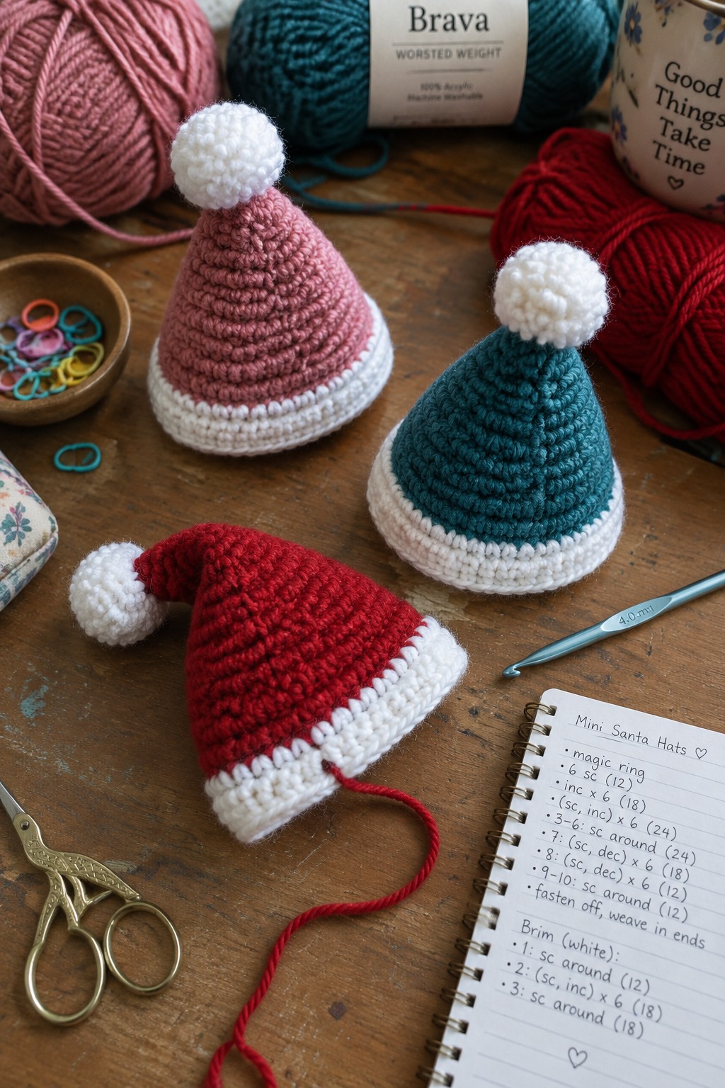 Three crocheted mini Santa hats in pink, teal, and red with yarn and supplies on wood.