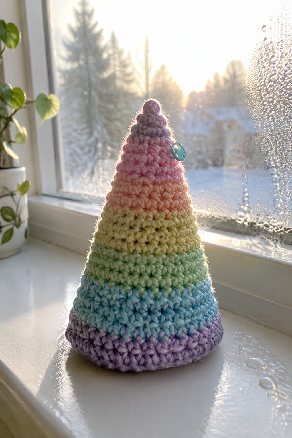 Rainbow crocheted cone with elephant charm on sunny snowy windowsill