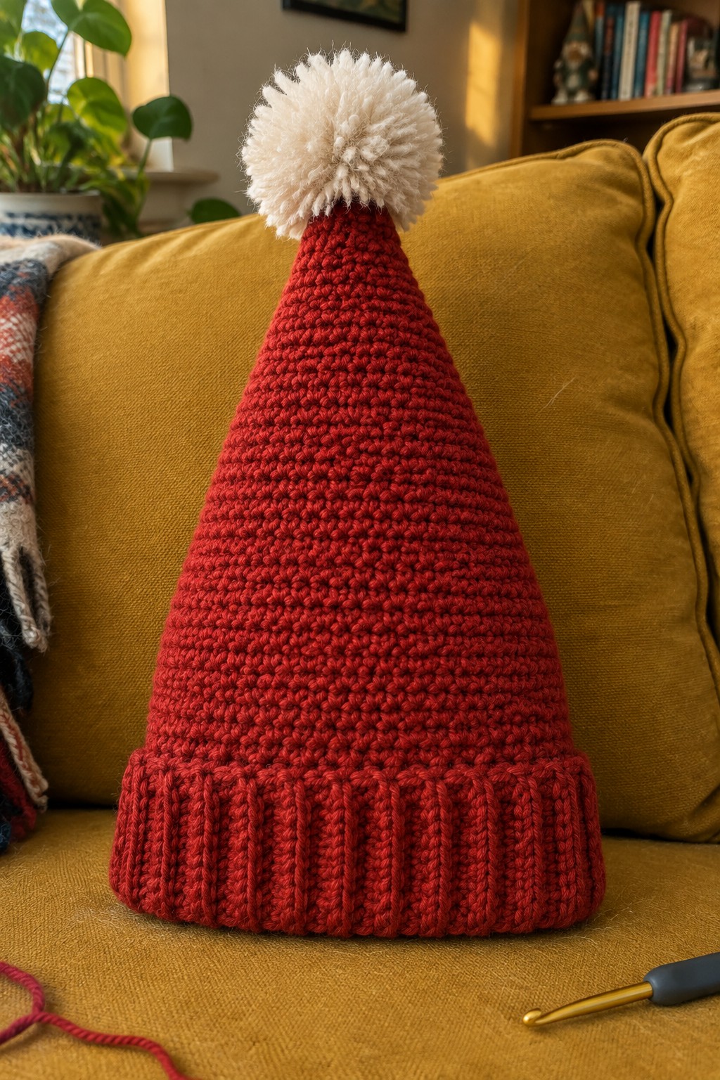 Red crocheted Santa hat with white pom-pom on yellow couch beside crochet hook.