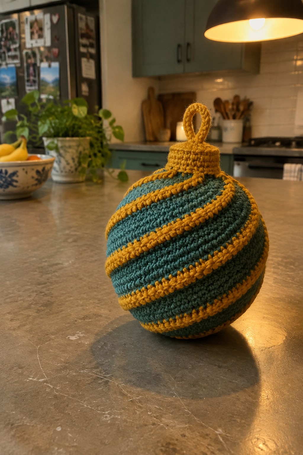 Crocheted teal and yellow striped Christmas bauble on kitchen countertop