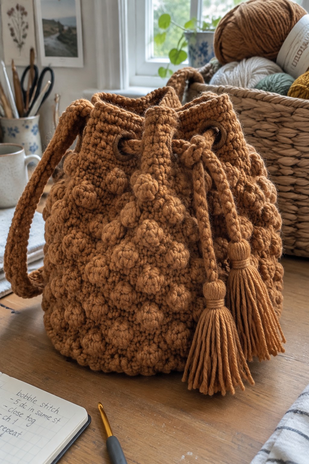 Brown bobble crochet drawstring bag with tassels on wooden table beside hook and notebook