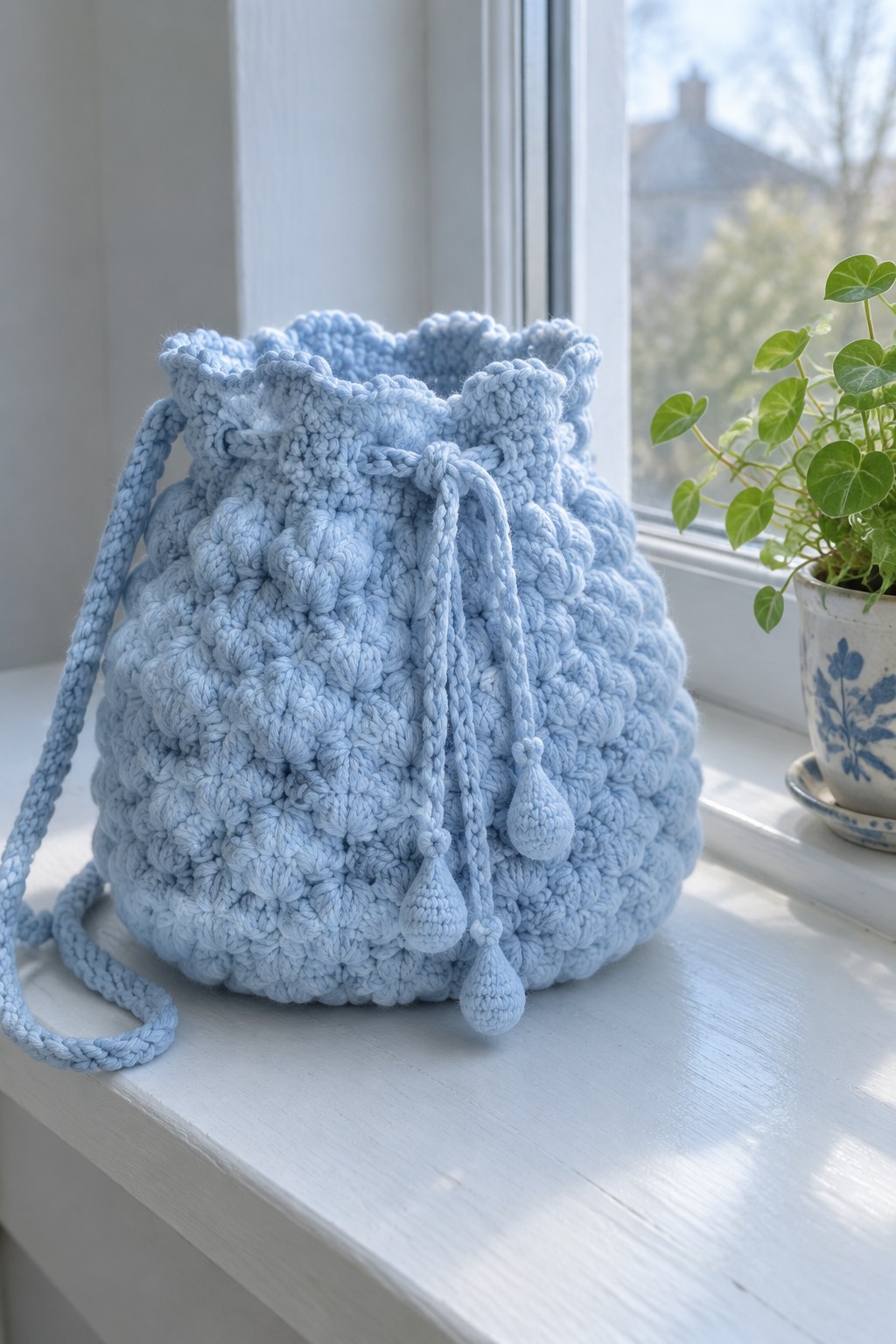 Light blue crocheted drawstring bag with tassels on sunny windowsill beside plant.