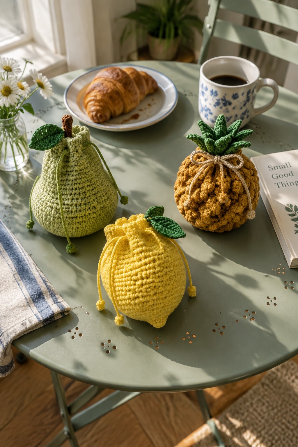 Three crocheted fruit-shaped pouches in green, yellow, and brown sit on a mint green table beside a croissant, coffee cup, and small book.