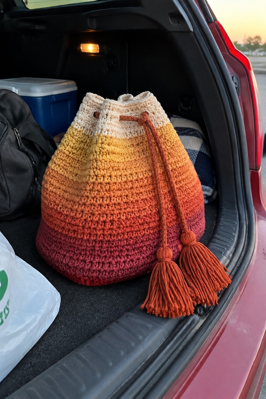 Colorful ombre crocheted drawstring bag with tassels in open car trunk