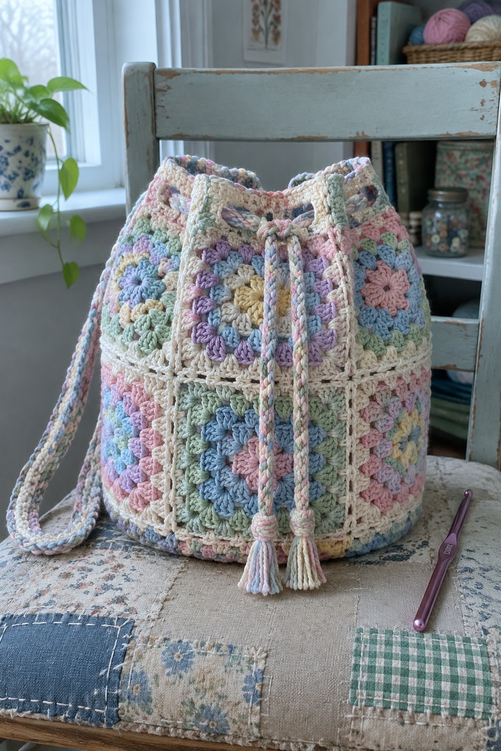 Pastel granny square crochet drawstring bag on patchwork chair with hook.
