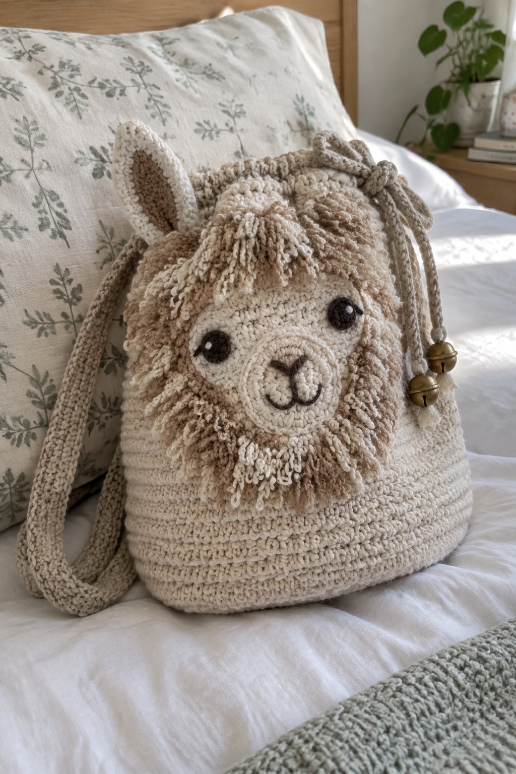 Crocheted beige alpaca drawstring bag with fluffy mane, ears, and bells on bed