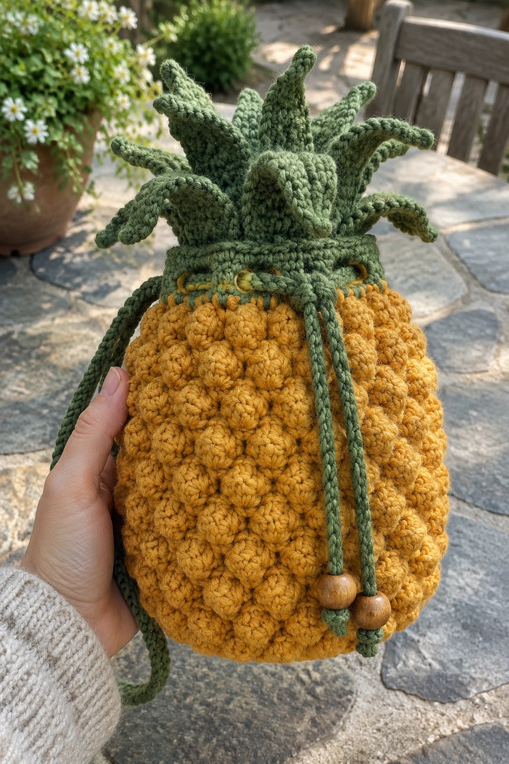 Hand holds orange crocheted pineapple bag with green leafy top and drawstrings.