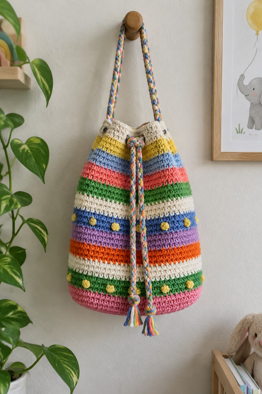 Colorful striped crocheted drawstring bag with pom-poms hanging on wooden hook.