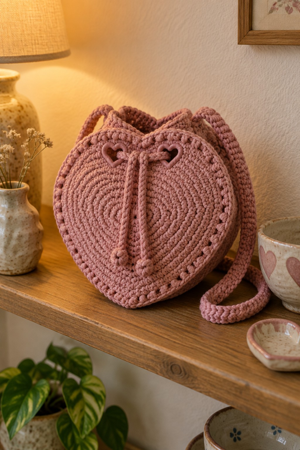 Pink crocheted heart-shaped bag with drawstring on wooden shelf beside ceramics.