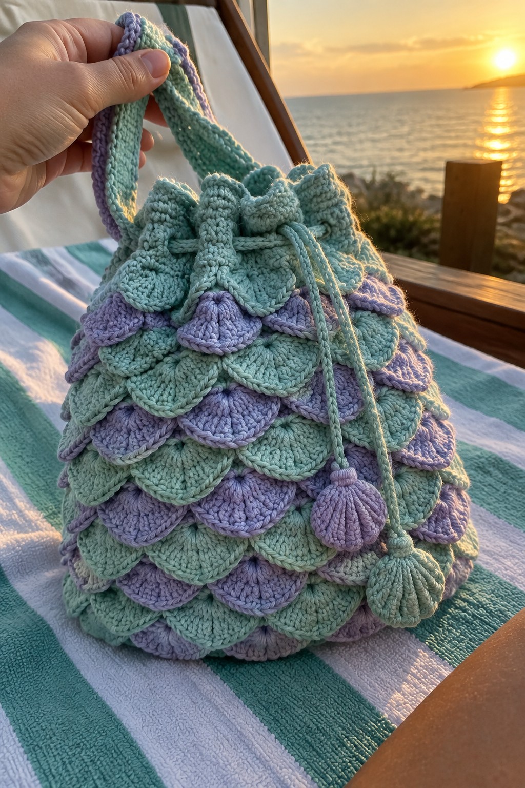 Hand holding crocheted scale-stitch bag in mint and lavender over sunset beach