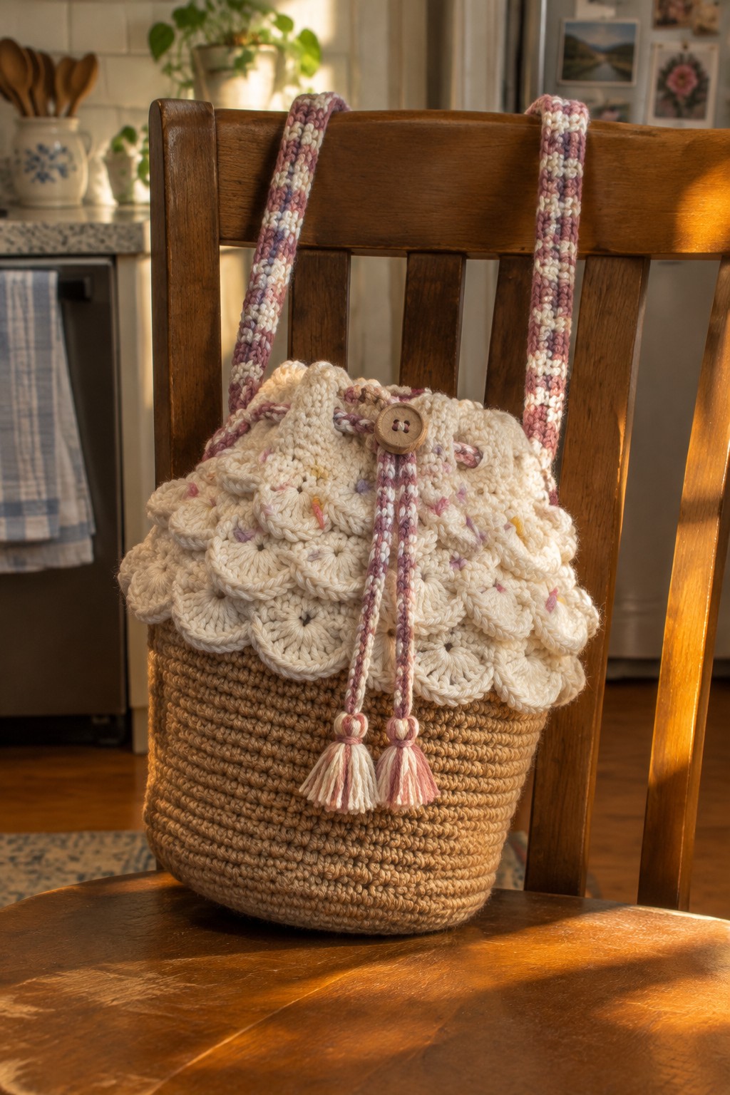 Crocheted drawstring bag with scalloped cream top and tassels on wooden chair