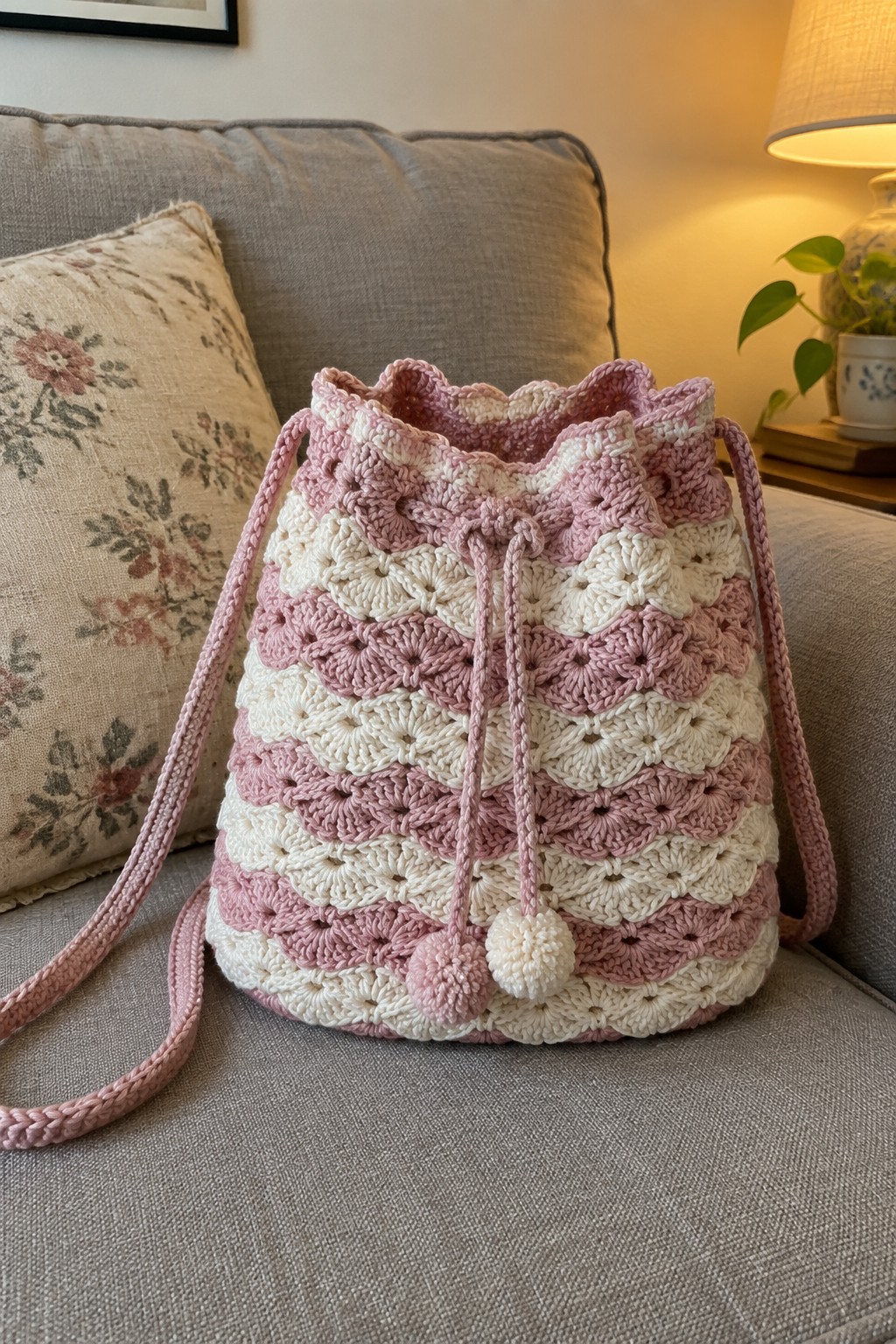 Pink and white striped crocheted drawstring bag with pom-poms on gray couch