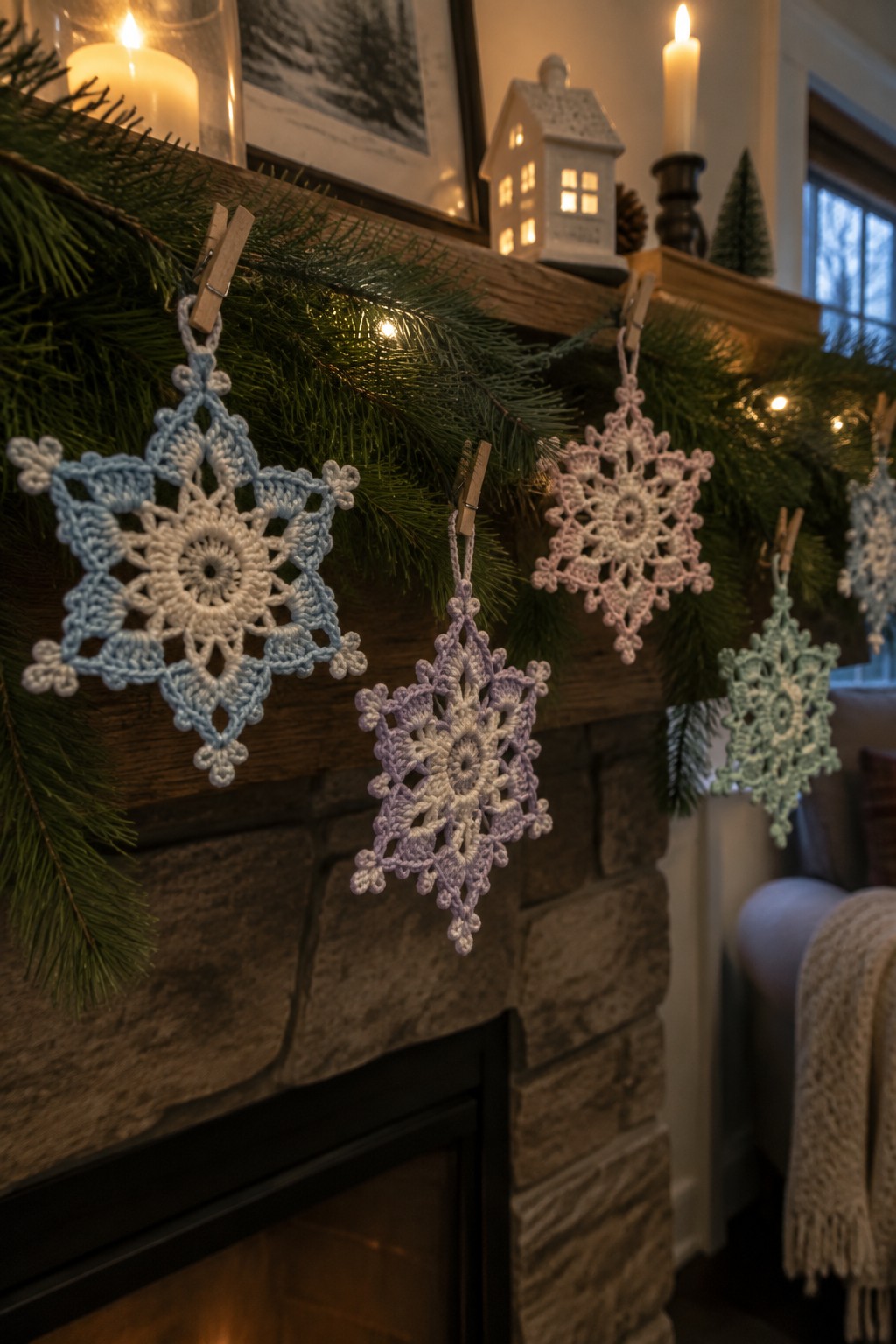 Pastel crocheted snowflakes clipped to pine garland on stone fireplace mantel.
