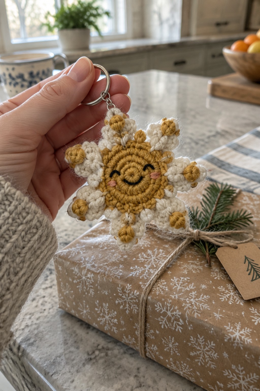 Hand holding crocheted yellow sun snowflake keychain above snowflake-wrapped gift on counter