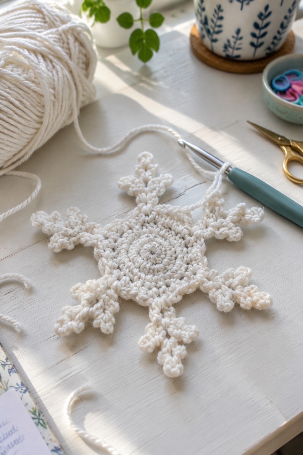 White crocheted snowflake with yarn, hook, scissors on sunlit wooden table