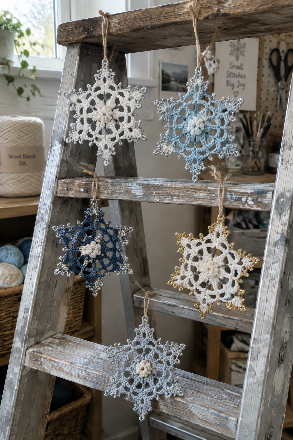 Colorful crocheted snowflakes hanging from rungs of a rustic wooden ladder.