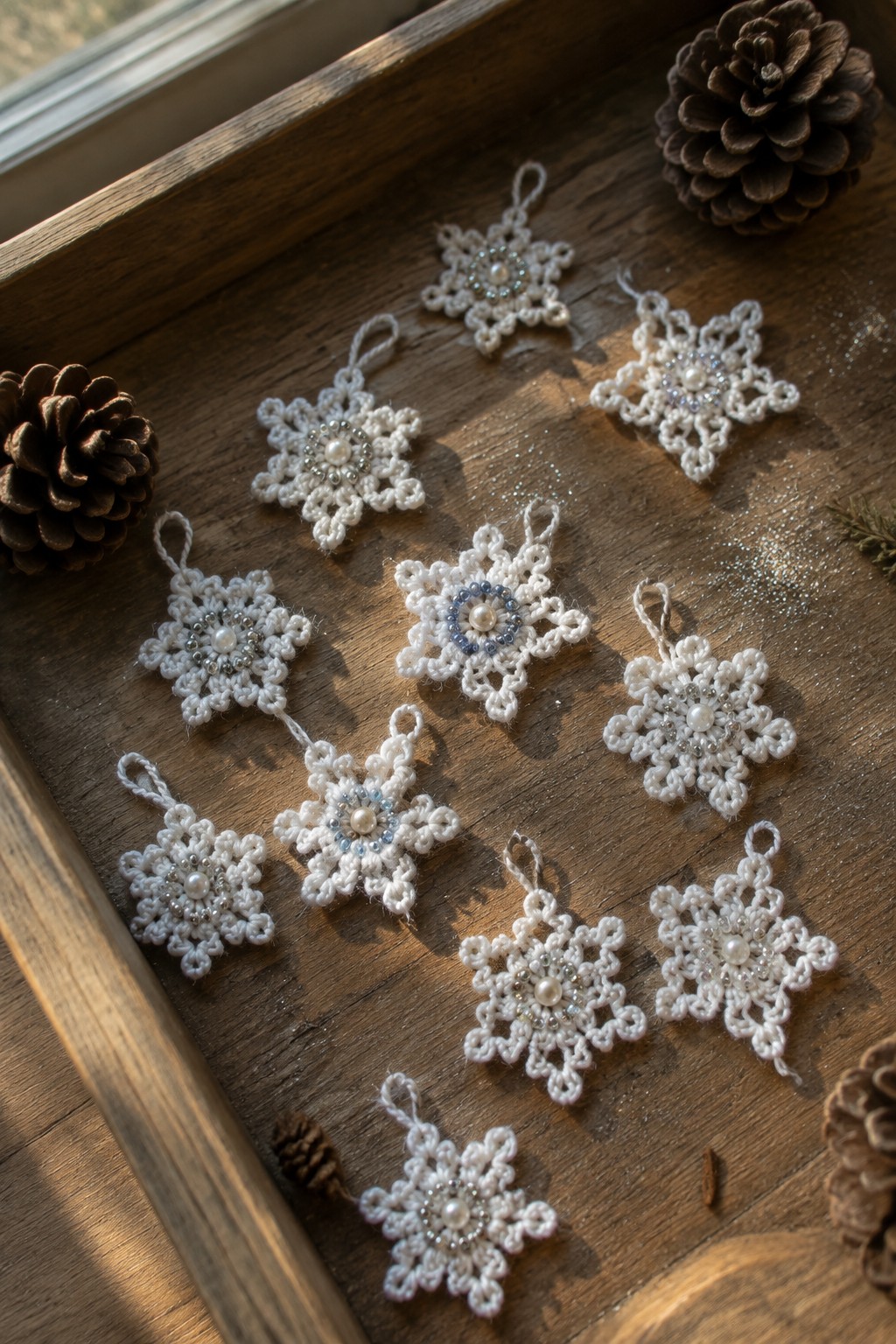 White crocheted snowflake ornaments with beads on wooden tray amid pinecones