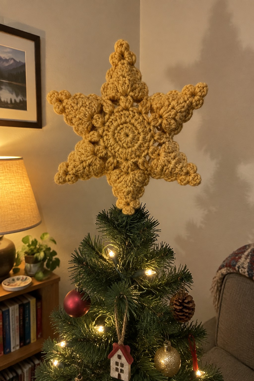 Yellow crocheted snowflake tops a lit Christmas tree with ornaments