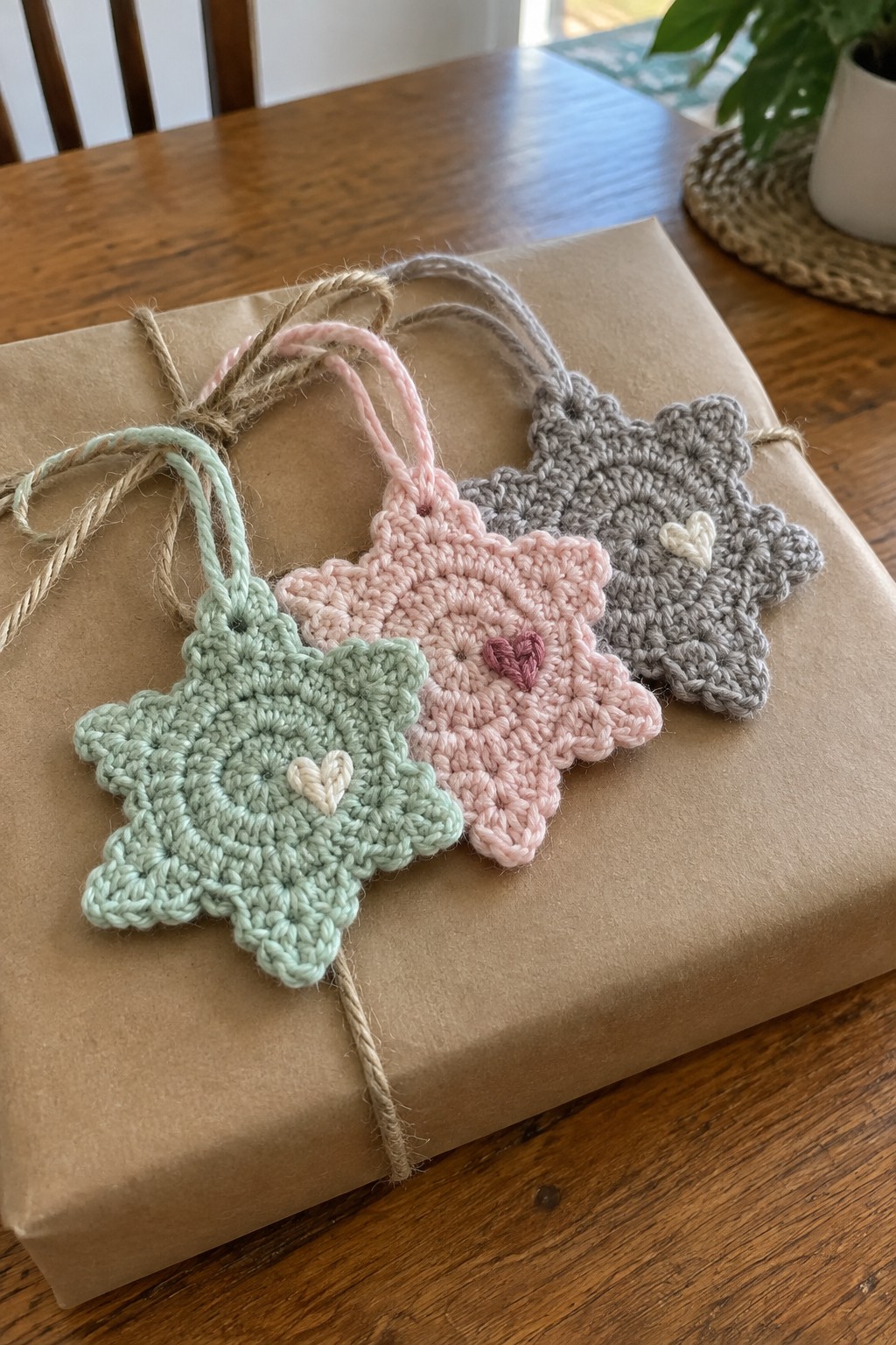 Three pastel crocheted star ornaments with hearts tied to a brown package