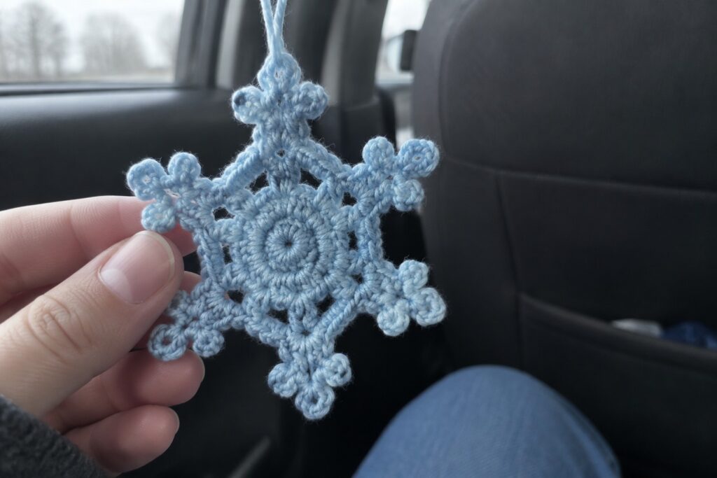 21 Charming Crochet Snowflake Projects for Christmas Decorating Hand holding light blue crocheted snowflake ornament inside car interior