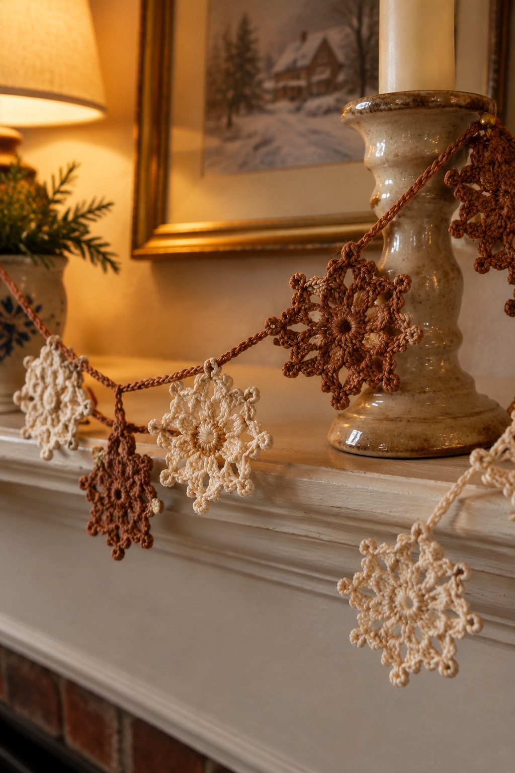 Crocheted snowflake garland in cream and brown draped over white mantel with candle holder