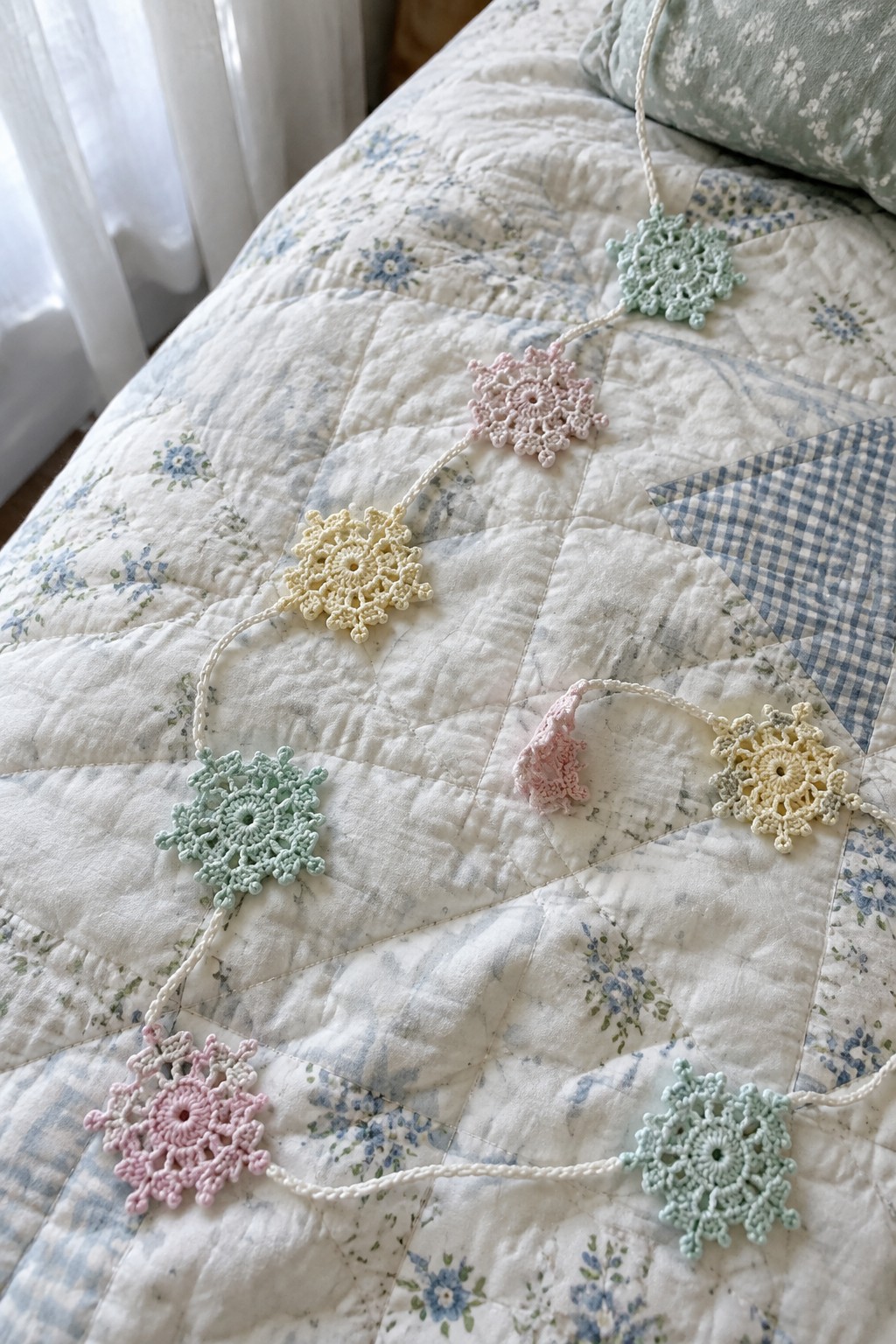 Pastel crocheted snowflake garland draped on floral patchwork quilt bedspread