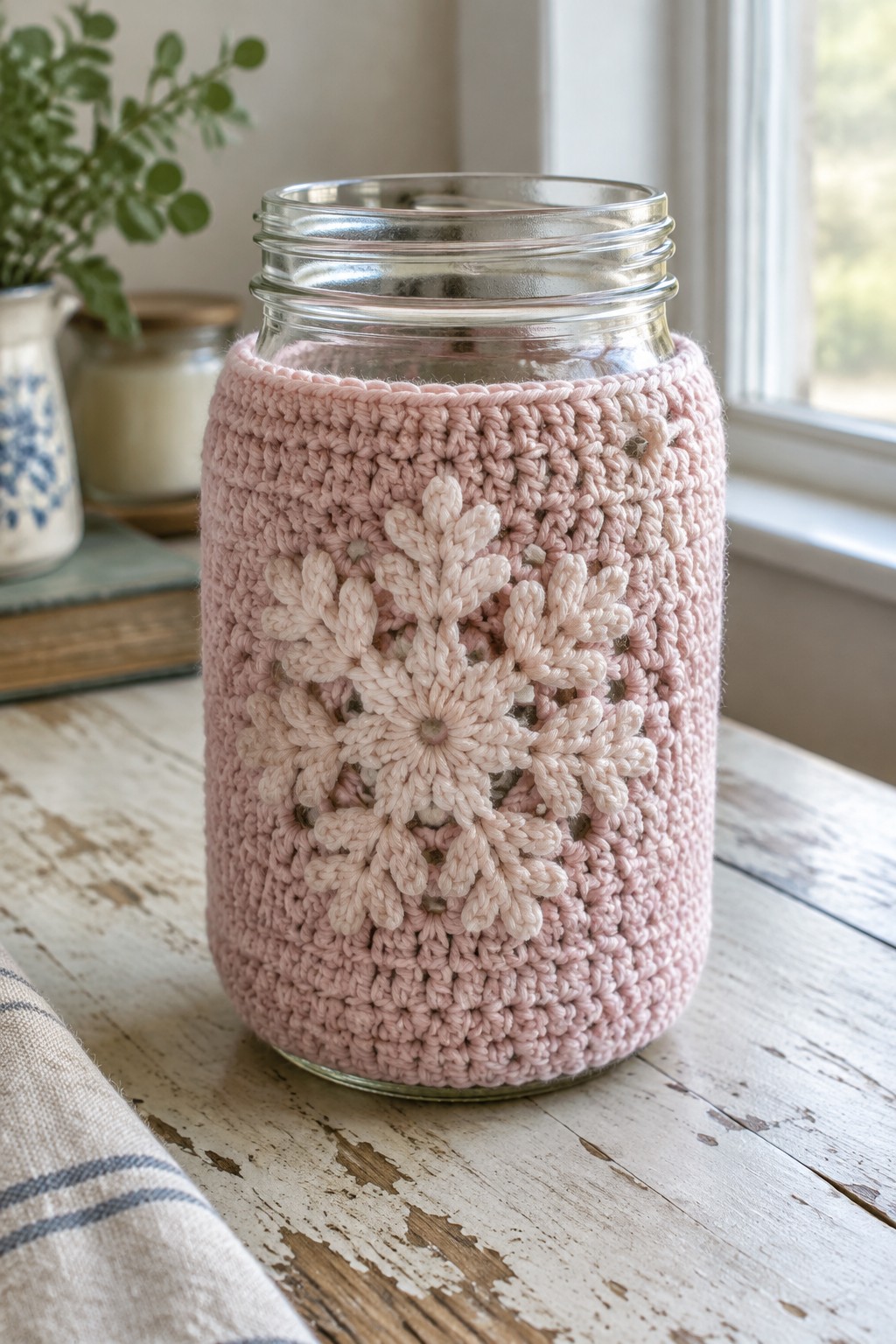 Pink crocheted snowflake cozy on glass mason jar atop rustic wooden table