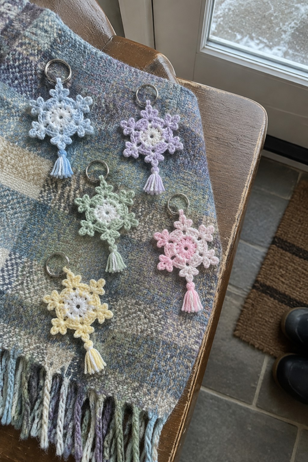 Pastel crocheted snowflake keychains with tassels on plaid fabric.
