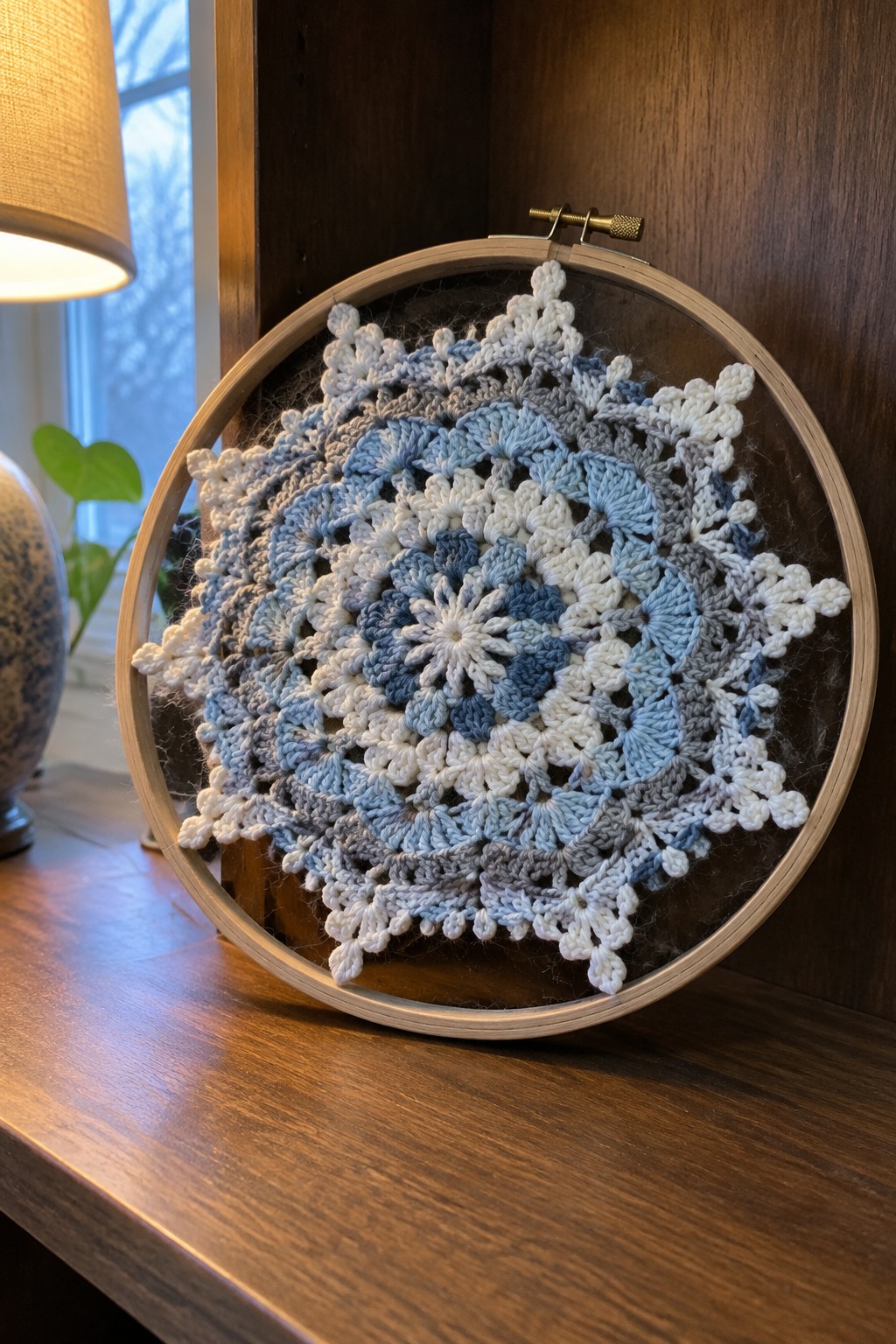 Blue and white crocheted snowflake in wooden embroidery hoop on shelf.