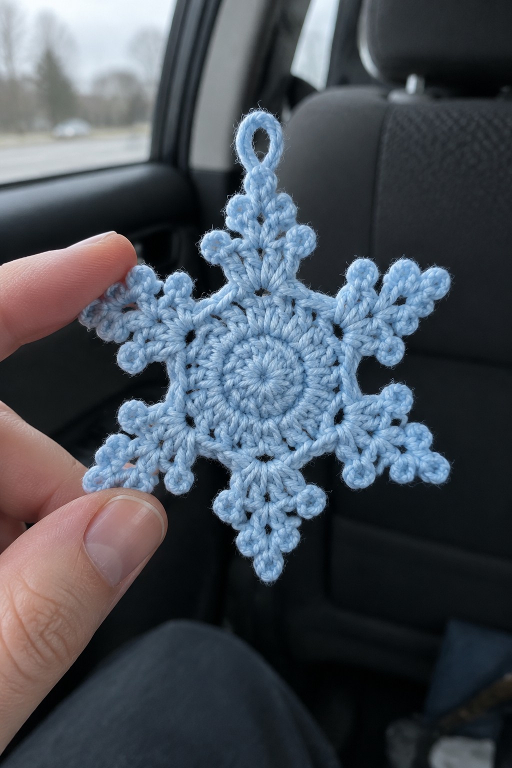 Hand holding light blue crocheted snowflake ornament inside car interior