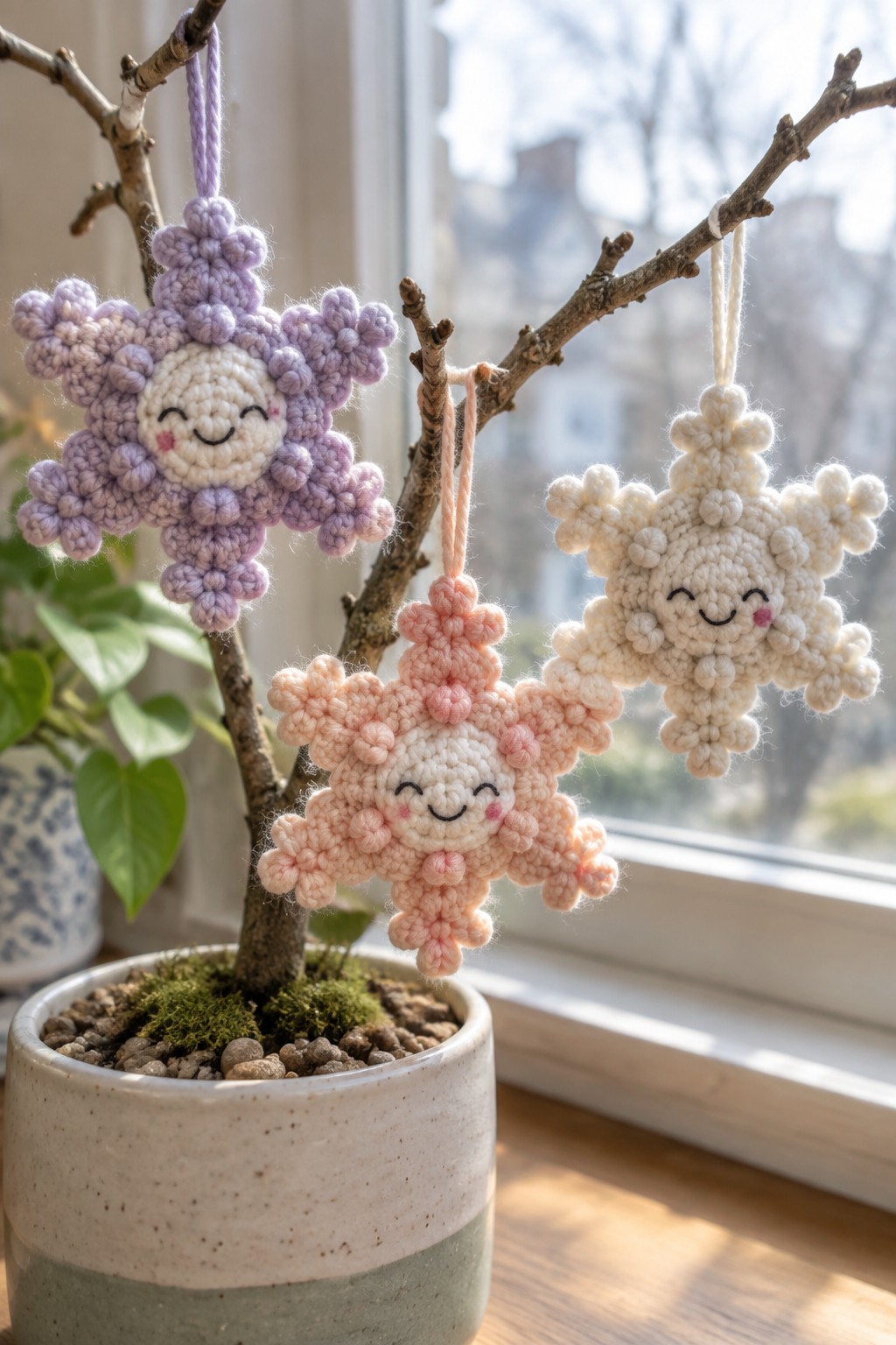 Three crocheted snowflake ornaments with smiling faces hang from a bare branch in a plant pot.