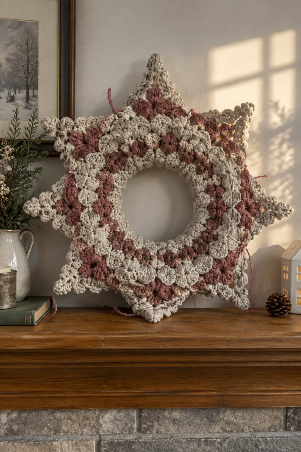 Crocheted beige and rose star wreath on wooden mantel with decor