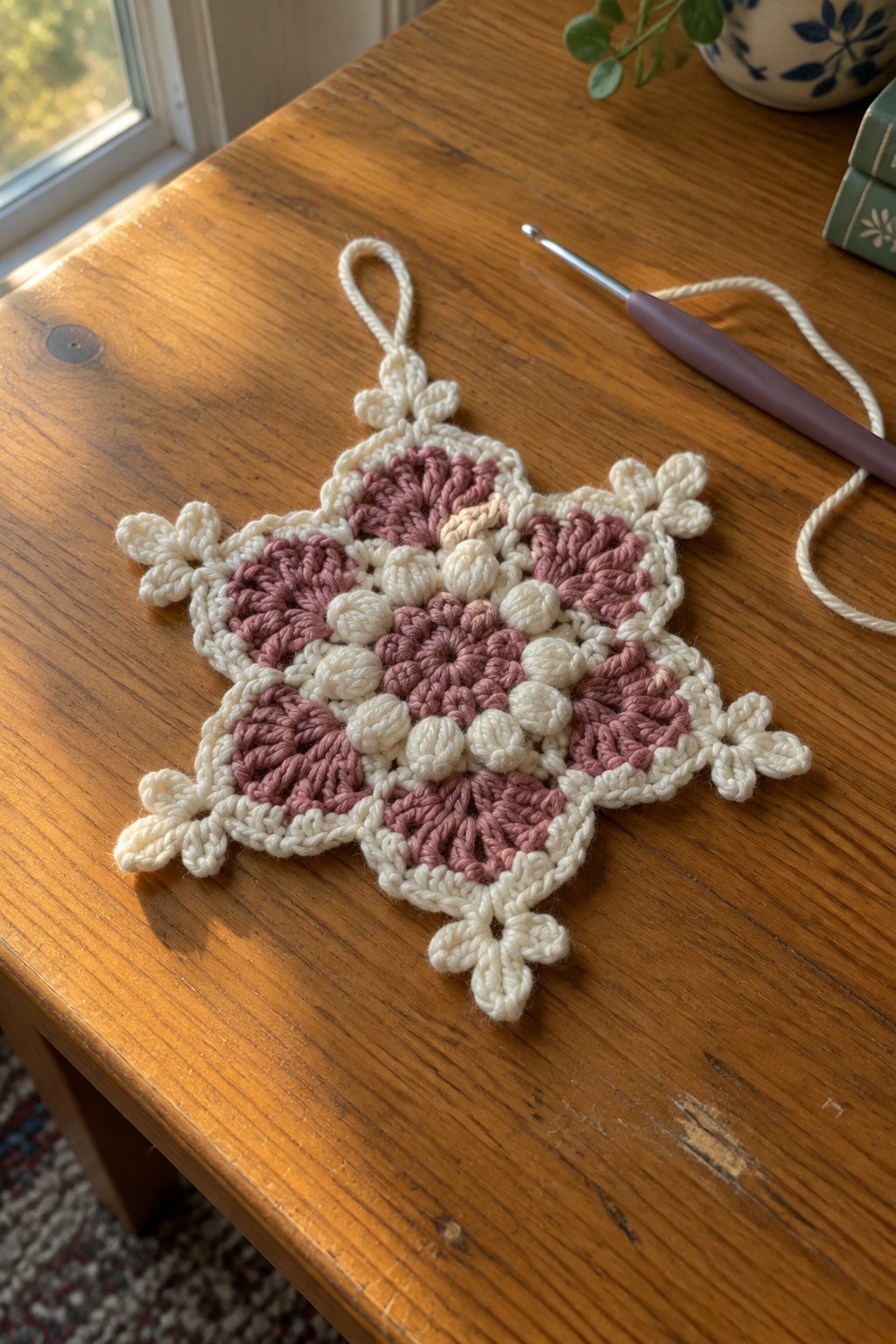 Crocheted pink and cream snowflake ornament on wooden table beside crochet hook