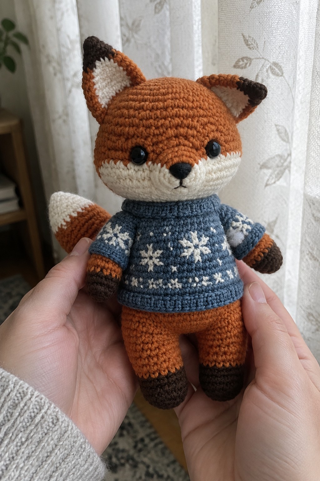 Hands holding crocheted orange fox in blue snowflake sweater and brown pants.