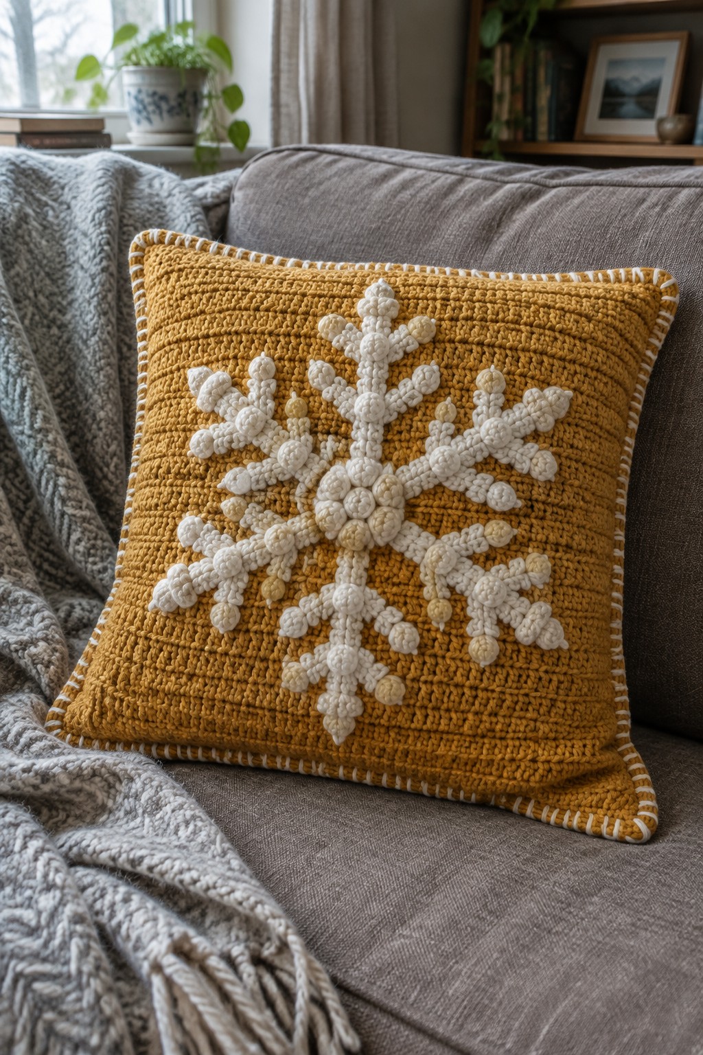 Yellow crocheted pillow with white snowflake on gray couch beside knitted blanket.