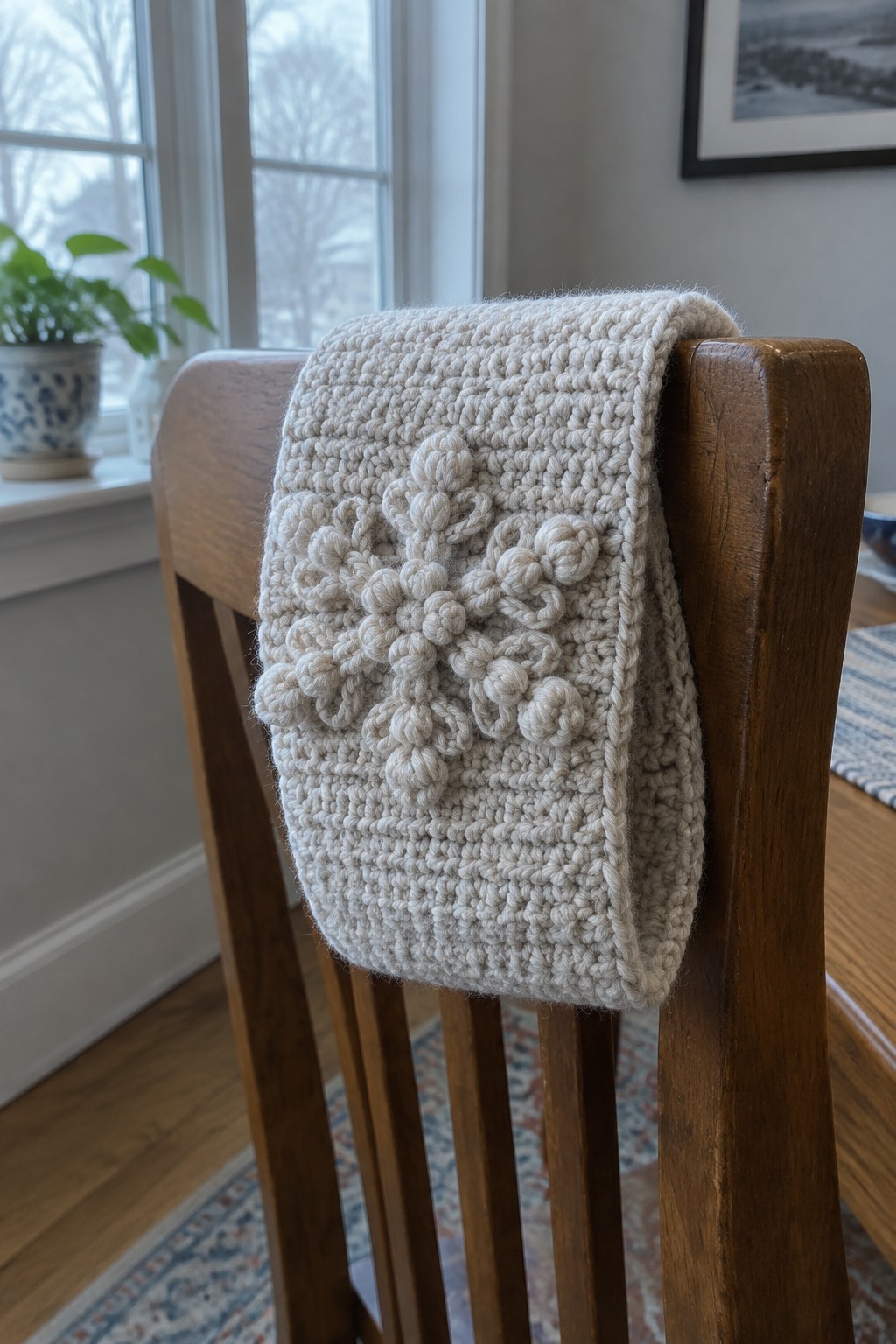 Cream crocheted blanket with snowflake pattern draped over wooden chair back.