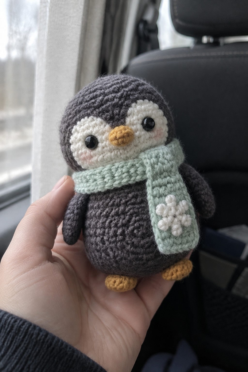 Hand holding crocheted gray penguin with light green snowflake scarf in car