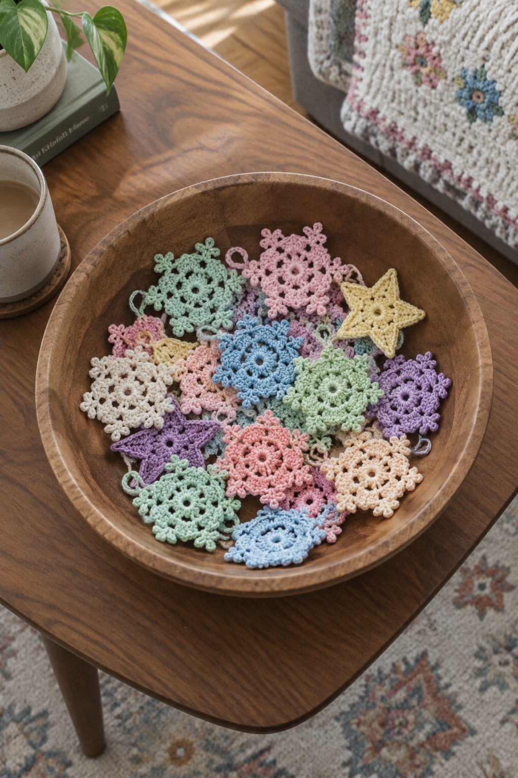 Wooden bowl brimming with pastel crocheted snowflakes and stars on a table