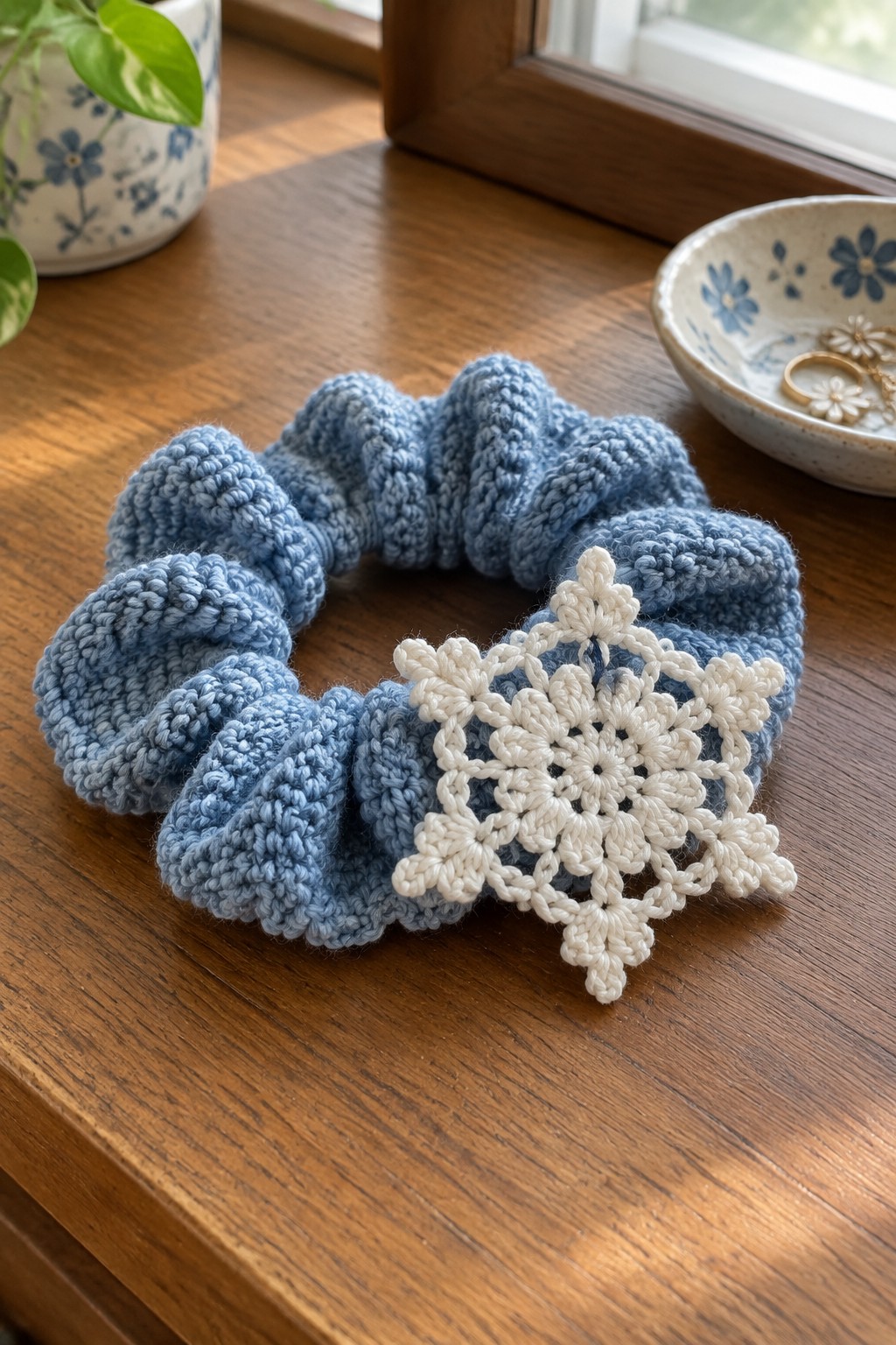 Blue crocheted scrunchie with white snowflake on wooden windowsill near bowl.