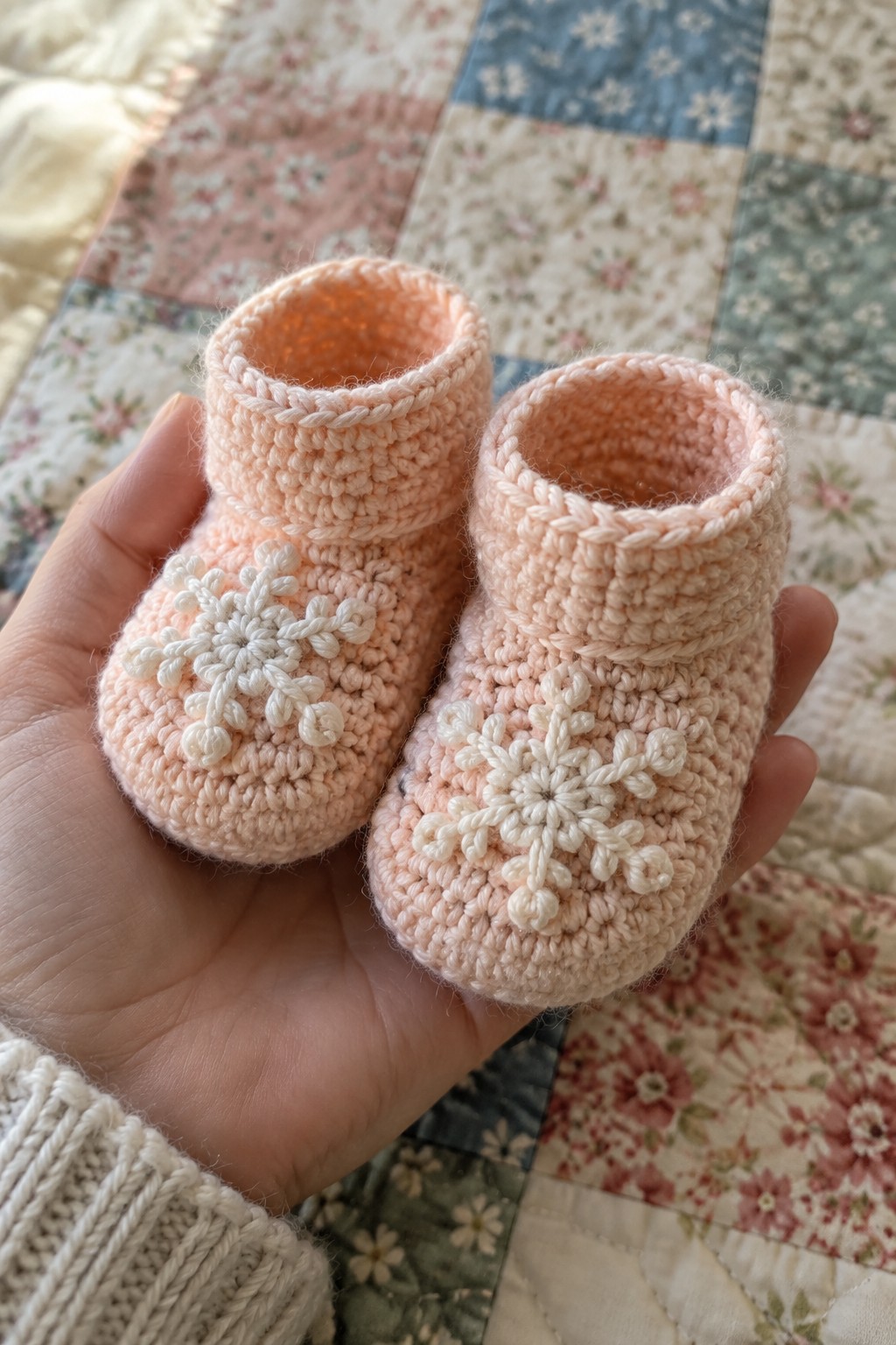 Hand holding two pink crocheted baby booties with white snowflakes on quilt