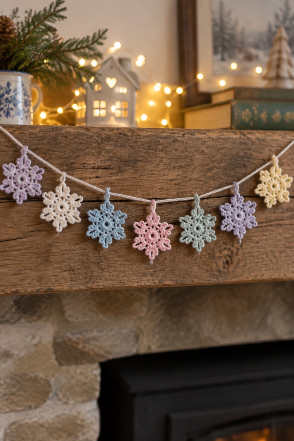 A string of pastel crocheted snowflakes hangs across a wooden mantel above a stone fireplace.
