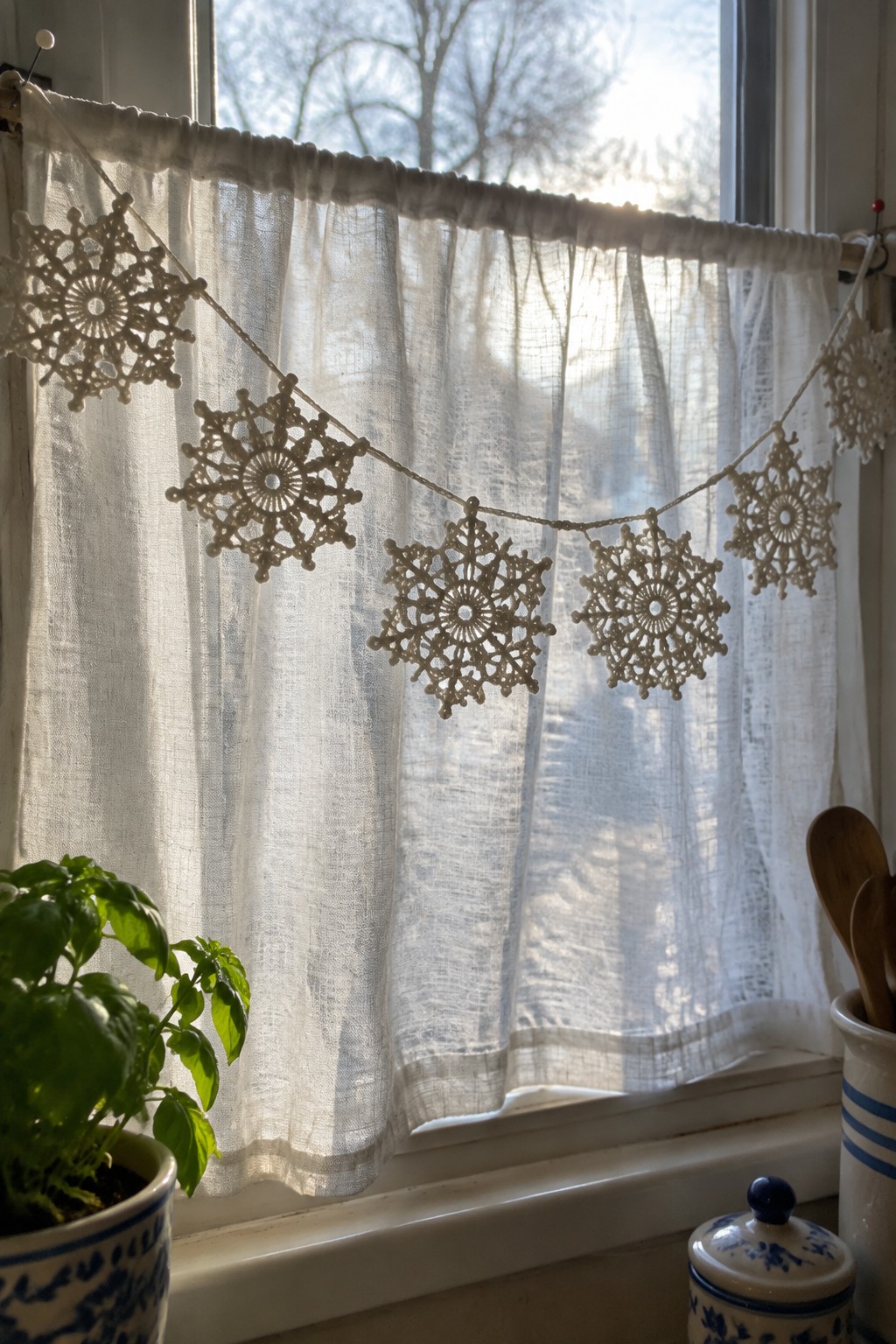 A string of crocheted white snowflakes hangs across a window with a sheer curtain.